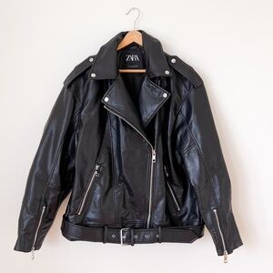 NWOT Zara Vegan Leather Black Moto Jacket Size Large Biker Motorcycle